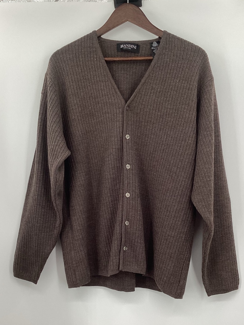 Brandini Men's Merino Wool Brown Button-Front Cardigan